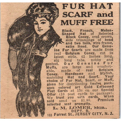 Fur Hat Scarf & Muff L.M. Lomer Jersey City NJ 1910 Magazine Ad AF1-CM2