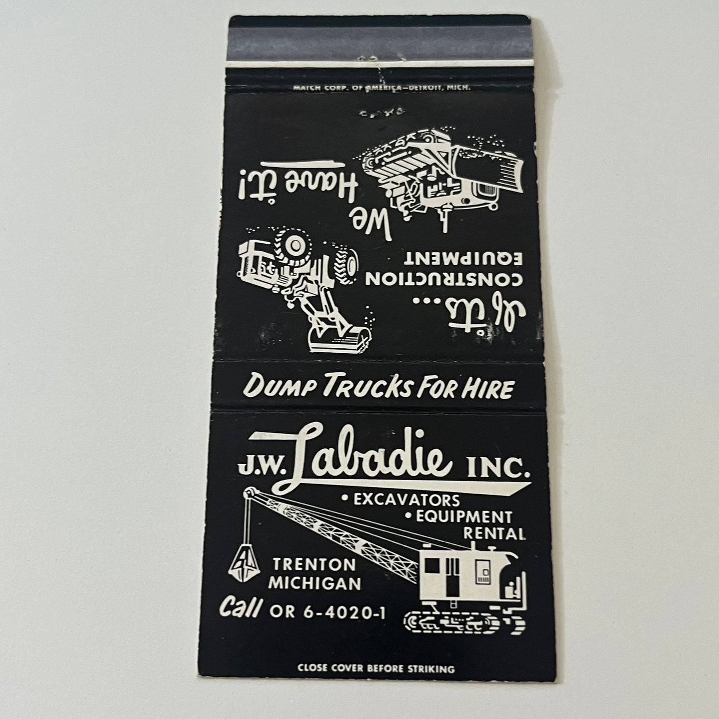 J.W. Labadie Inc Construction Equipment Trenton MI Vintage Matchbook Cover TB6-MB2-6