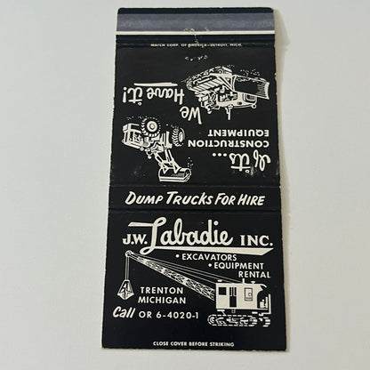 J.W. Labadie Inc Construction Equipment Trenton MI Vintage Matchbook Cover TB6-MB2-6