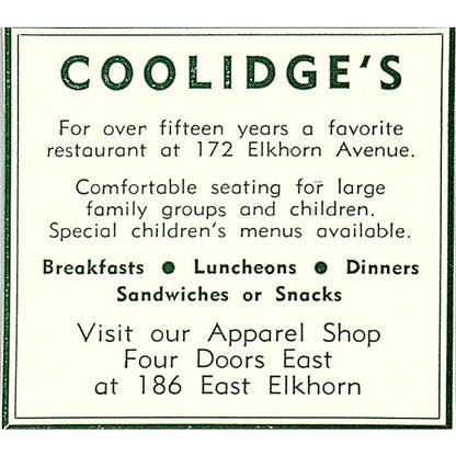 Coolidge's Restaurant 186 E Elkhorn 1957 Estes Park CO Ad AG4-S10