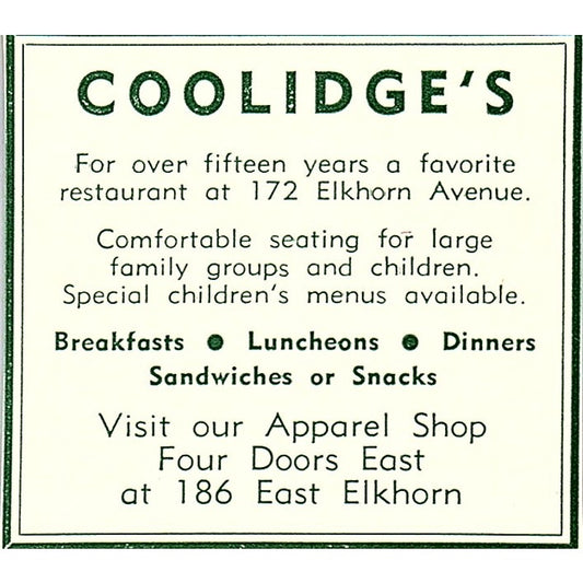 Coolidge's Restaurant 186 E Elkhorn 1957 Estes Park CO Ad AG4-S10