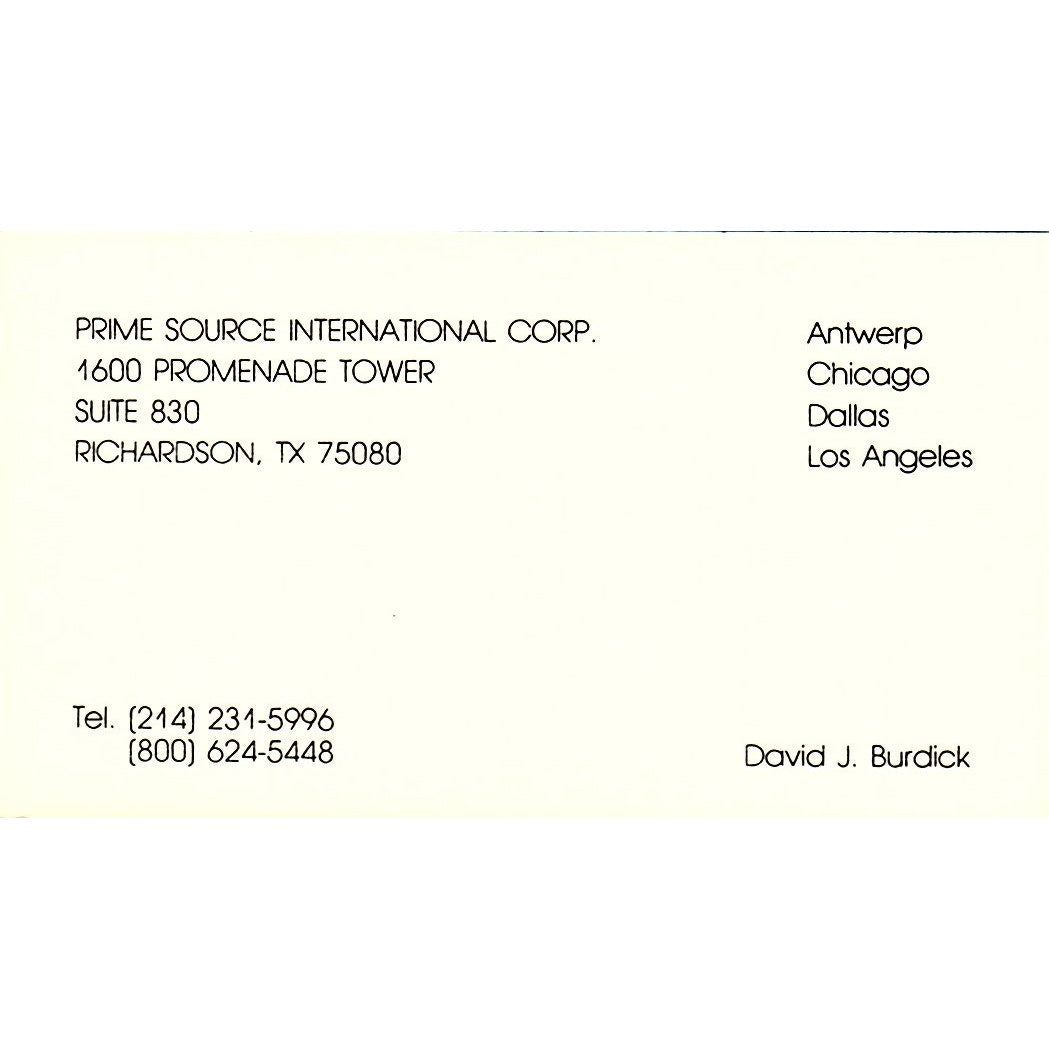 Prime Source International Corp David J Burdick Richardson Business Card SC9-B9