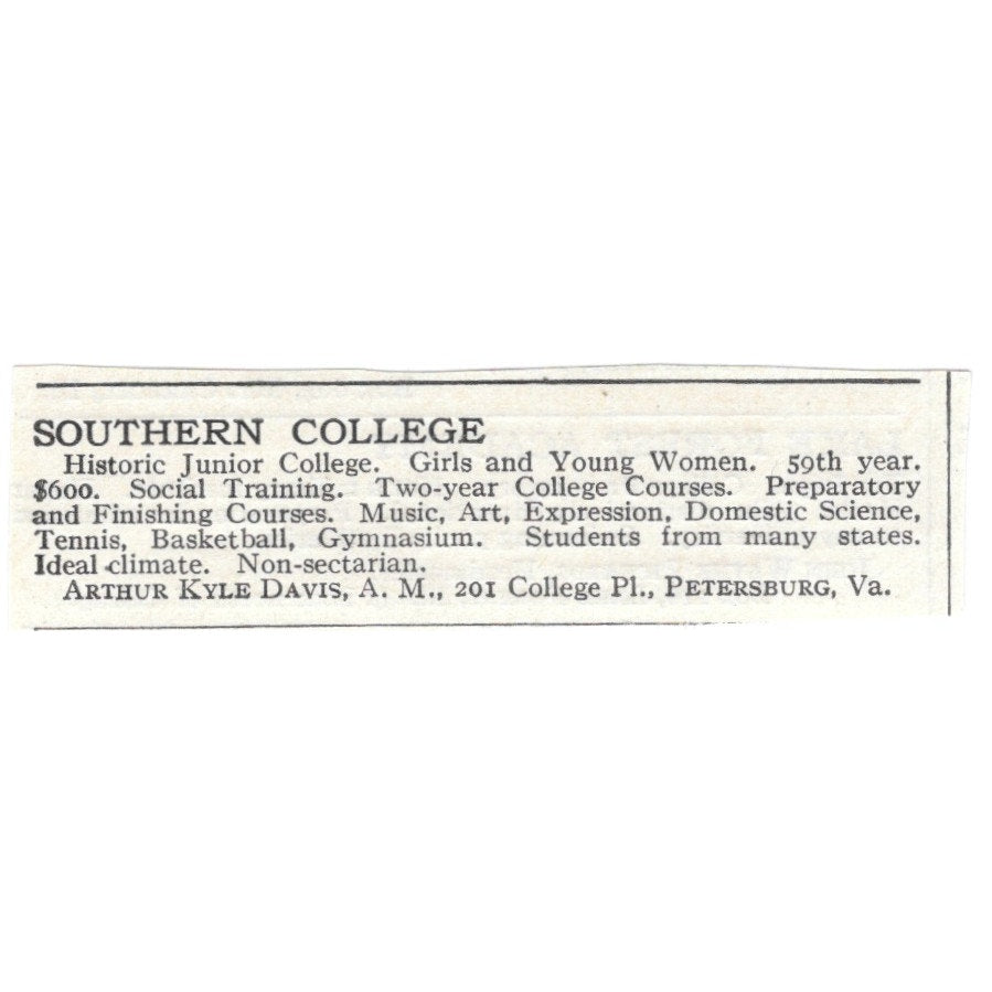 Southern College Petersburg VA Arthur Kyle Davis, A.M. c1920 Harper’s Ad AG4-S1