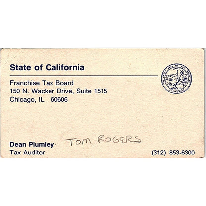 State of California Dean Plumley Tom Rogers Chicago IL Business Card SF3-B3