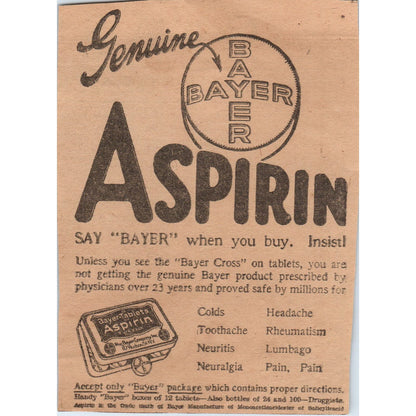 Genuine Bayer Aspirin 1923 Magazine Ad Clip AE1-1