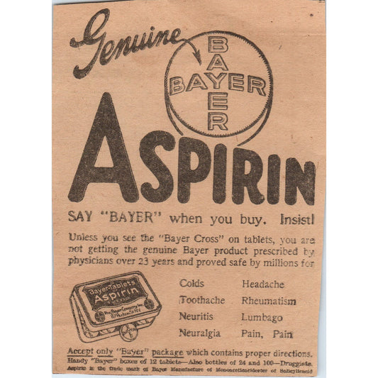 Genuine Bayer Aspirin 1923 Magazine Ad Clip AE1-1