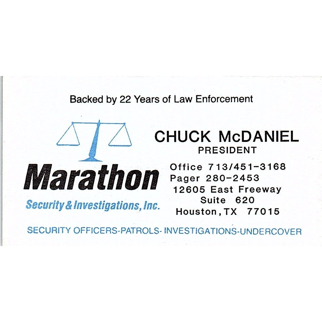 Marathon Security & Investigation Chuck McDaniel Houston TX Business Card SB4-B3