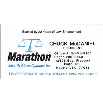 Marathon Security & Investigation Chuck McDaniel Houston TX Business Card SB4-B3