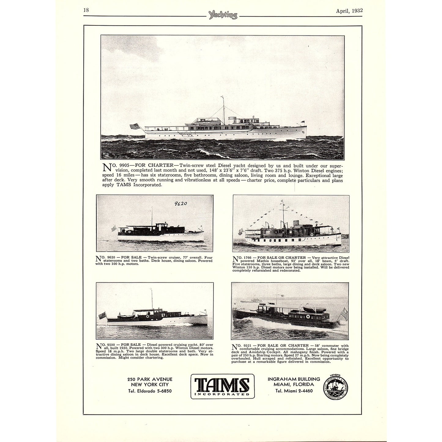 John G. Alden Yachts Boston, Tams Incorporated Yachts Miami FL 1932 Ad V1-4