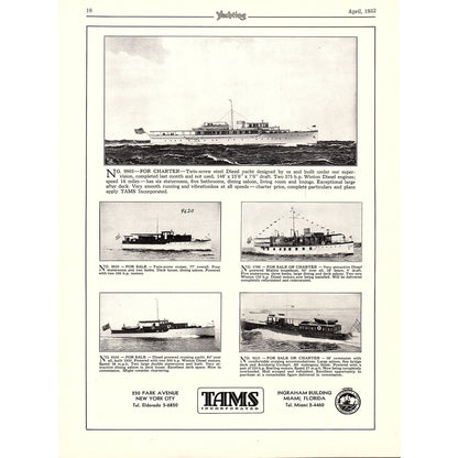 John G. Alden Yachts Boston, Tams Incorporated Yachts Miami FL 1932 Ad V1-4
