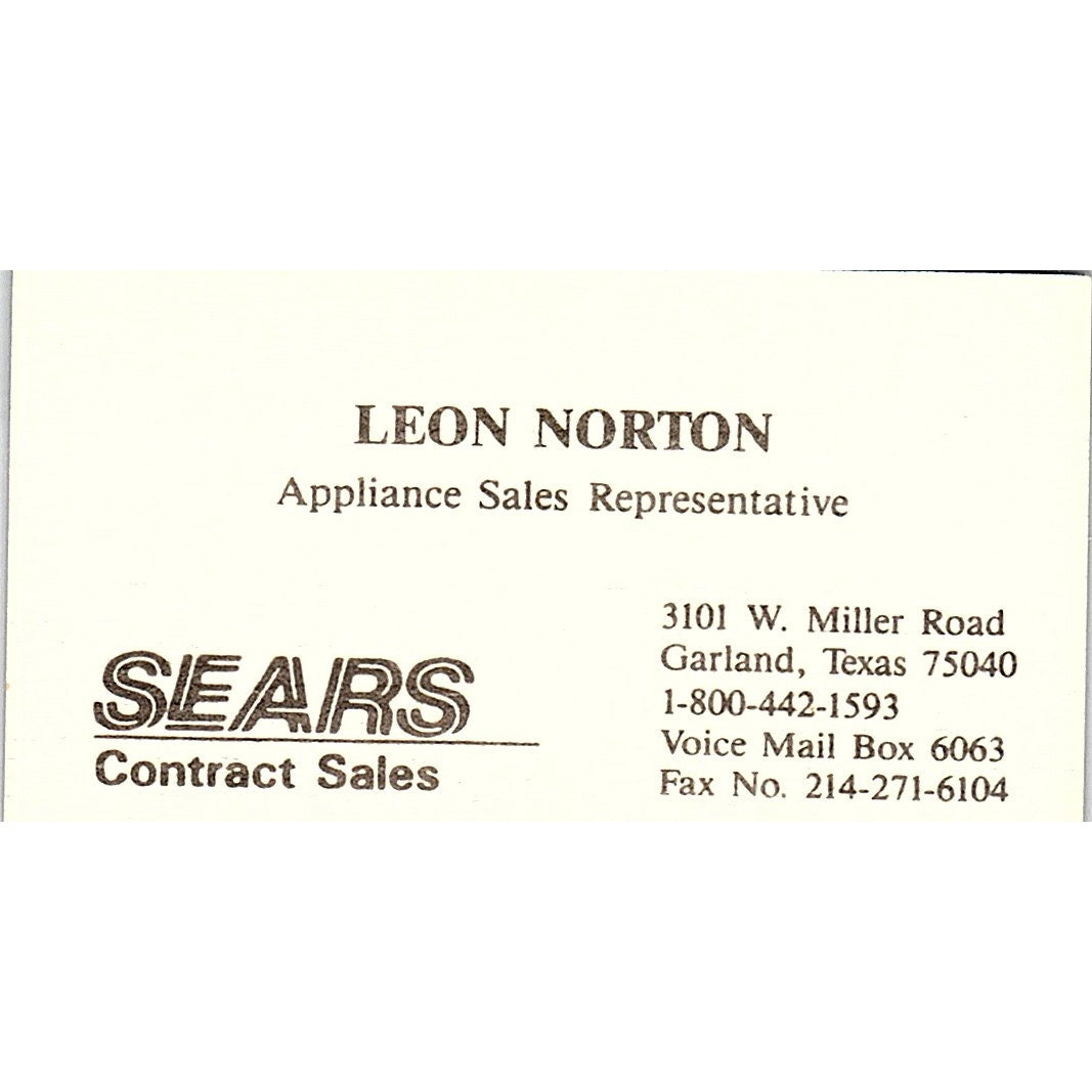 Leon Norton Sears Appliance Sales Garland TX Vintage Business Card SC9-B8