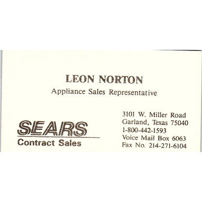 Leon Norton Sears Appliance Sales Garland TX Vintage Business Card SC9-B8