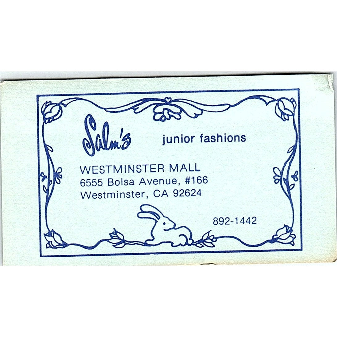 Salm's Junior Fashions Westminster CA Vintage Business Card SE5-B5