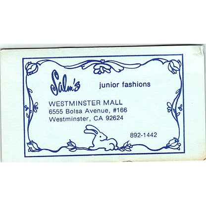 Salm's Junior Fashions Westminster CA Vintage Business Card SE5-B5