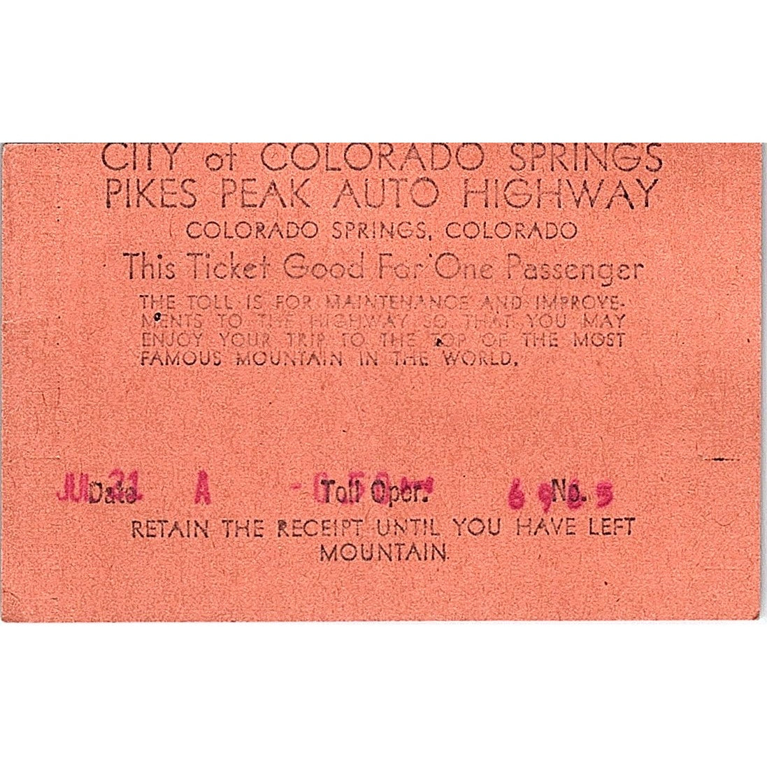 1950s City of Colorado Springs Pikes Peak Auto Highway Stub CO AF9-S5