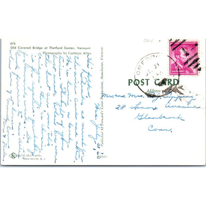 Old Covered Bridge At Thetford Center VT Vintage Covered Bridge Postcard PC12