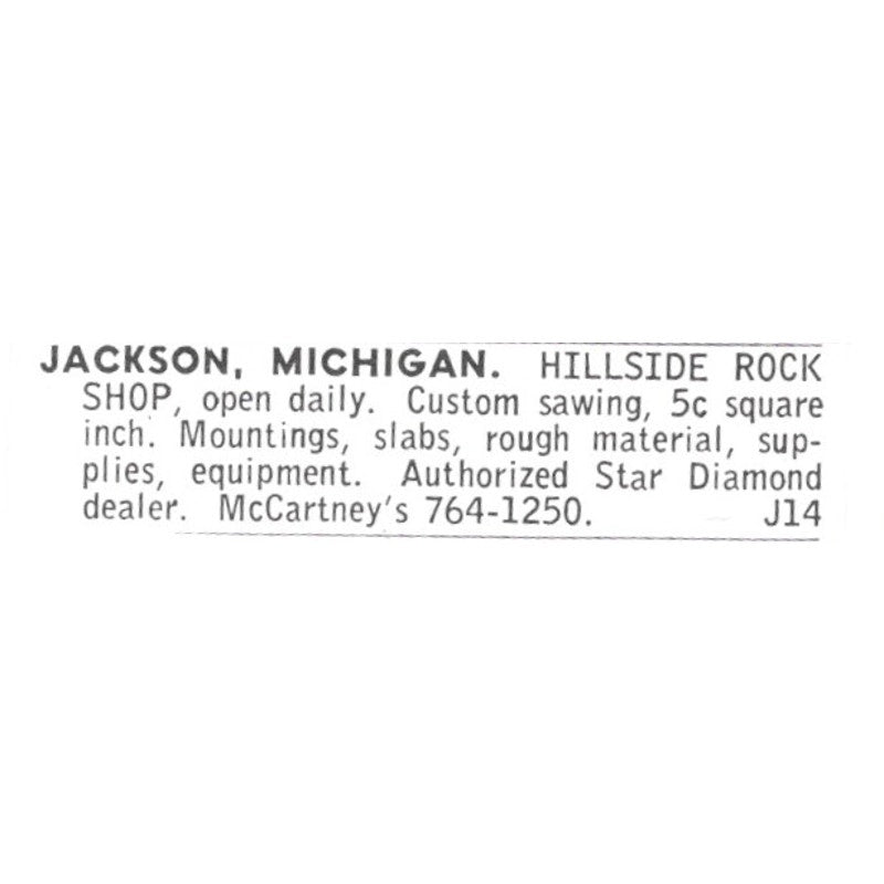 Hillside Rock Shop Lapidary Sawing Jackson Michigan 1972 Ad AF8-S22