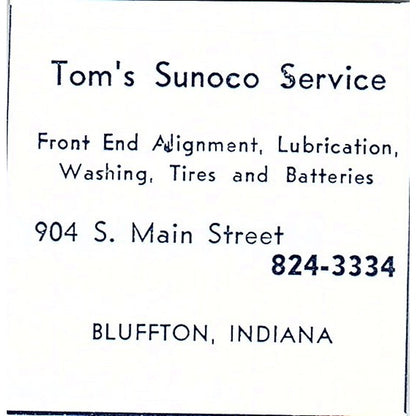 Tom's Sunoco Service 904 E Main Street Bluffton Indiana 1964 Ad AG1-S11