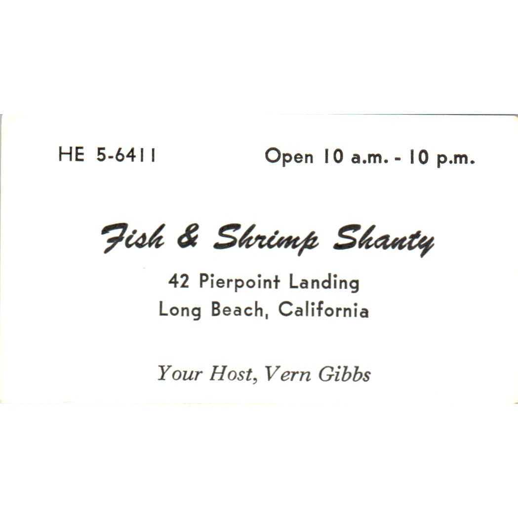 Fish & Shrimp Shanty Long Beach CA Vintage Business Card SD8-B7