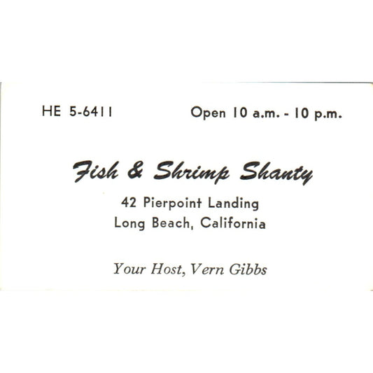 Fish & Shrimp Shanty Long Beach CA Vintage Business Card SD8-B7