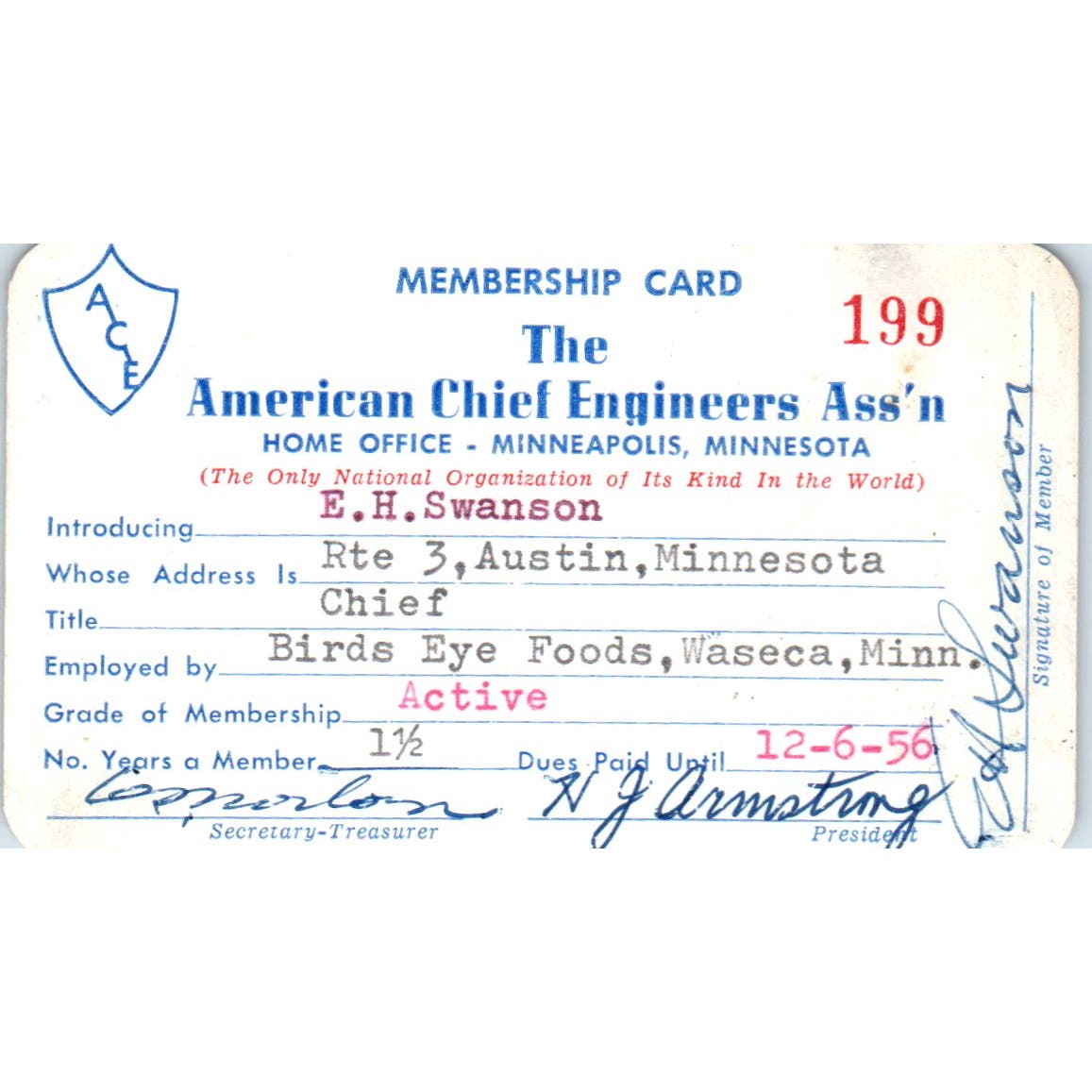1956 American Chief Engineers Assn Card E.H. Swanson Austin MN AD7