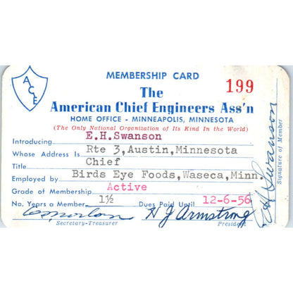 1956 American Chief Engineers Assn Card E.H. Swanson Austin MN AD7