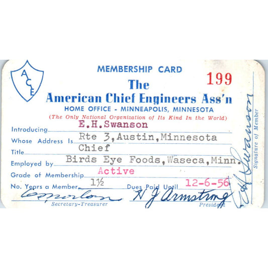 1956 American Chief Engineers Assn Card E.H. Swanson Austin MN AD7