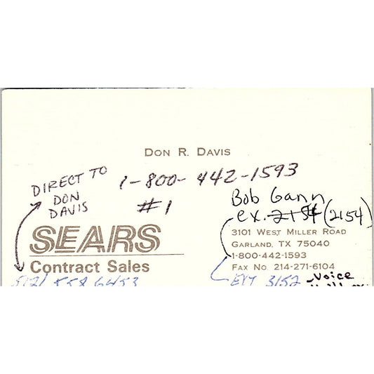 Don R Davis Sears Contract Sales Garland TX Vintage Business Card SC9-B8