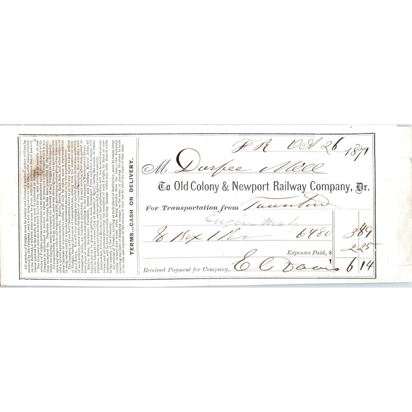 1871 Old Colony & Newport Railway Company Bank Check AD8-R5