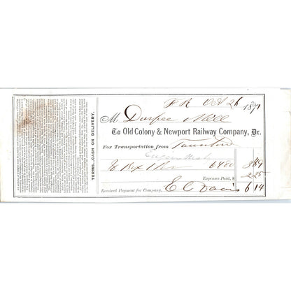 1871 Old Colony & Newport Railway Company Bank Check AD8-R5