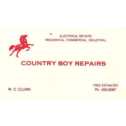 Country Boy Repairs W.C. Clunn Ph Vintage Business Card SF3-B5