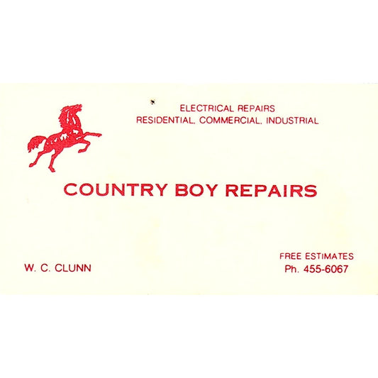 Country Boy Repairs W.C. Clunn Ph Vintage Business Card SF3-B5