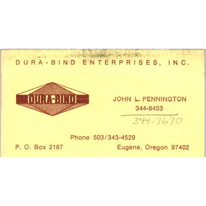 John L Pennington Dura-Bind Enterprises Eugene OR Vintage Business Card SE3-B4