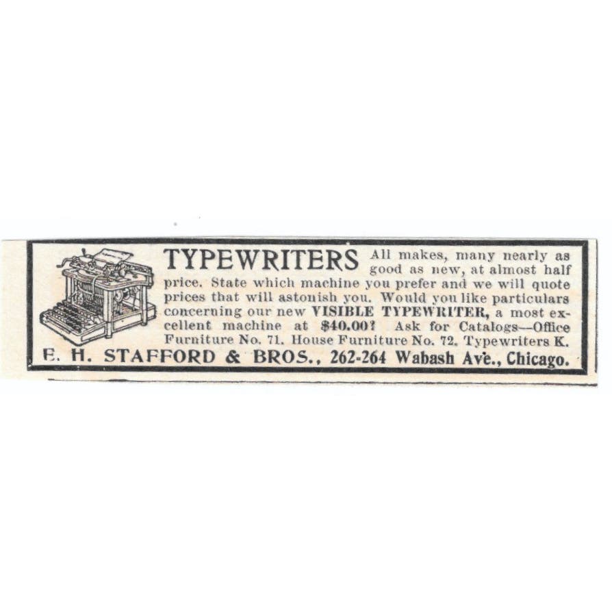 Typewriters E.H. Stafford & Bros Chicago c1905 Original Advertisement AE7-SA1