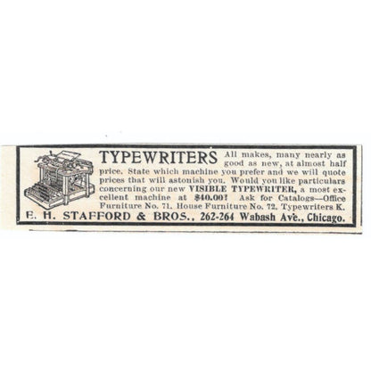 Typewriters E.H. Stafford & Bros Chicago c1905 Original Advertisement AE7-SA1