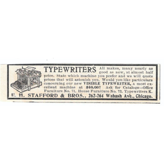 Typewriters E.H. Stafford & Bros Chicago c1905 Original Advertisement AE7-SA1