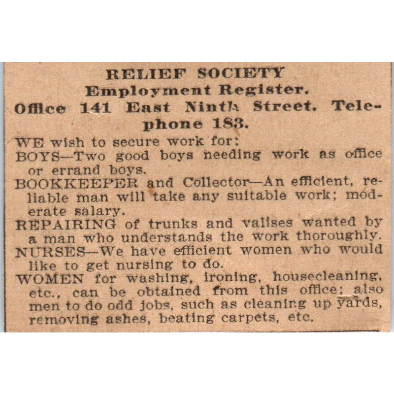 Relief Society Employment Register E. 9th Street St. Paul 1898 Newspaper AF2-Q2