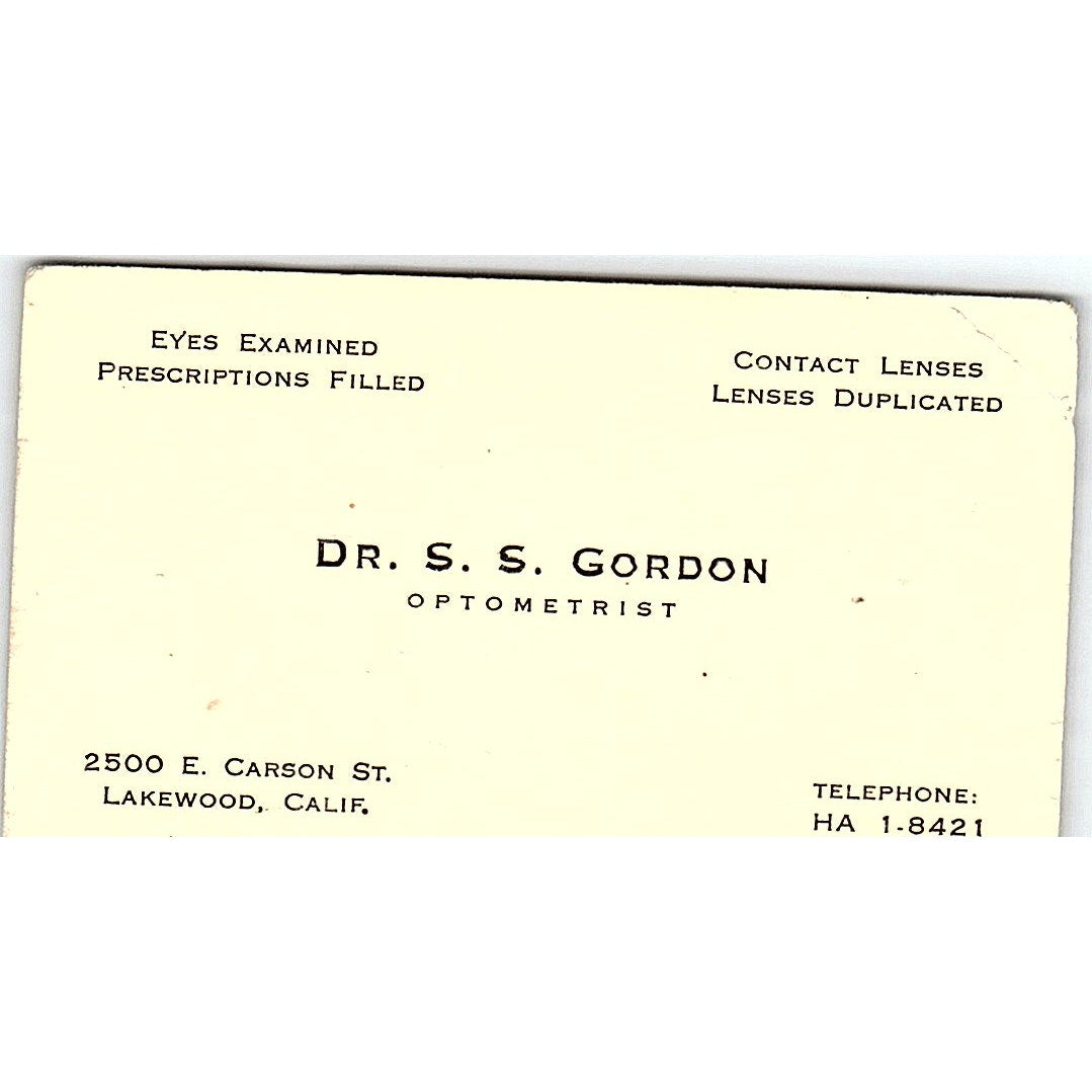 Dr. S.S. Gordon Optometrist Lakewood CA Vintage Business Card SB4-B3