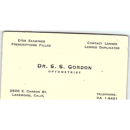 Dr. S.S. Gordon Optometrist Lakewood CA Vintage Business Card SB4-B3