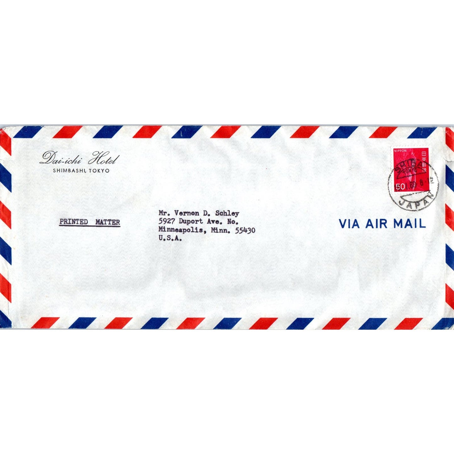 1960s Dai-ichi Hotel Shimbashi Tokyo Air Mail Envelope to Minneapolis AE2