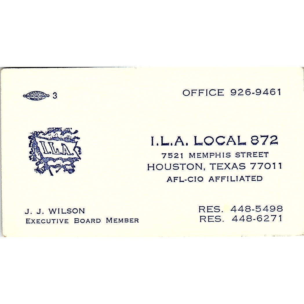 J.J. Wilson ILA Local 872 Houston Vintage Business Card SC9-B13