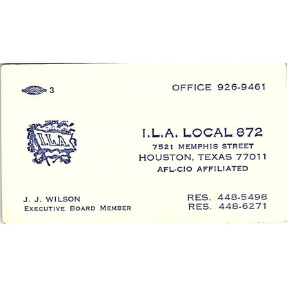 J.J. Wilson ILA Local 872 Houston Vintage Business Card SC9-B13
