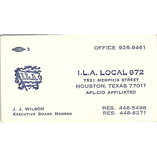 J.J. Wilson ILA Local 872 Houston Vintage Business Card SC9-B13