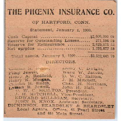 The Phoenix Ins Co D.W.C. Skilton Hartford 1901 Newspaper Ad AD8-HS5
