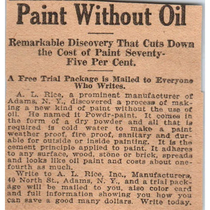 A.L. Rice Inc NY Paint Without Oil Powdr-Paint 1923 Magazine Ad Clip AE1-4