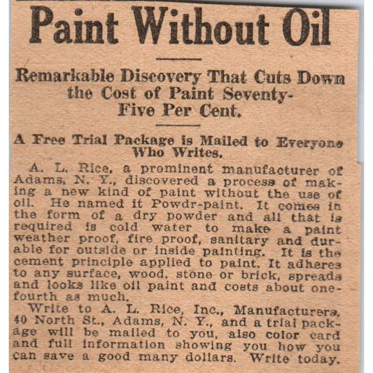 A.L. Rice Inc NY Paint Without Oil Powdr-Paint 1923 Magazine Ad Clip AE1-4