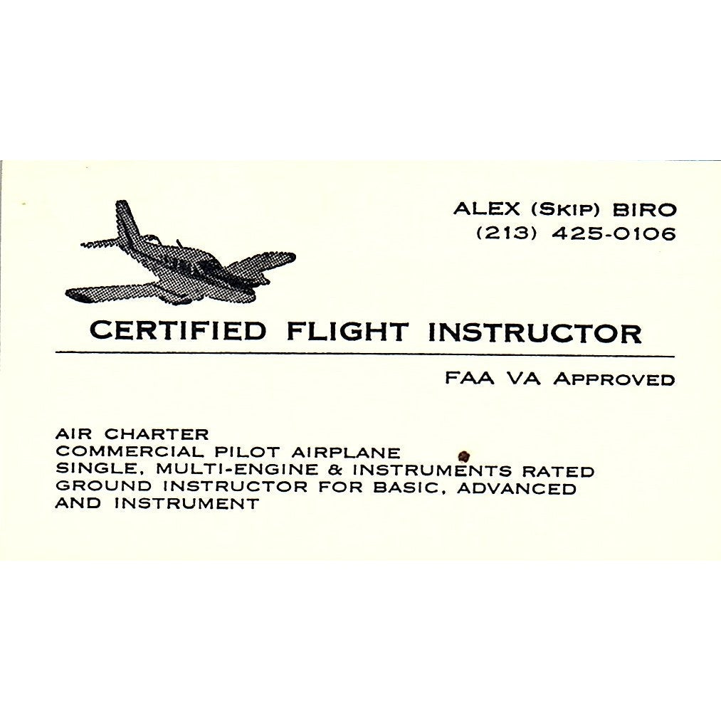 Alex Skip Biro Flight Instructor Long Beach CA Vintage Business Card SE3-B16