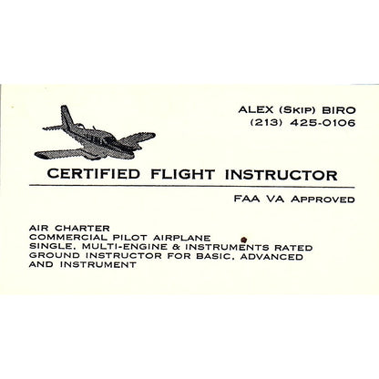 Alex Skip Biro Flight Instructor Long Beach CA Vintage Business Card SE3-B16