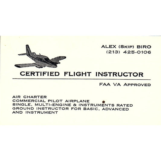 Alex Skip Biro Flight Instructor Long Beach CA Vintage Business Card SE3-B16