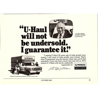 U-Haul L.S. Sam Shoen 5x7" 1983 Ad AF6-17